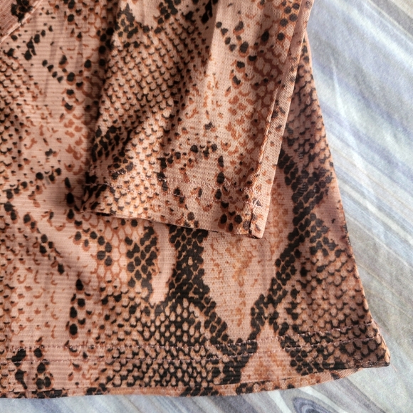 Brown Sheer Mesh Snake Print Long Sleeve Top - Picture 2 of 3
